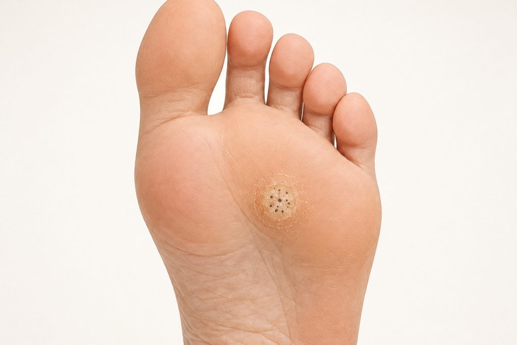 Close-up of a plantar wart (verruca) on the sole of a foot